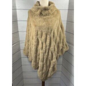 Le Moda Womens One Size Plush Faux Fur Cozy Coat Poncho Cape Tan Brown Polyester